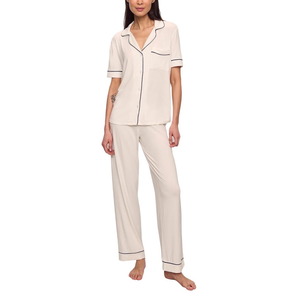 Eberjey Gisele Short Sleeve Pant Pajama Set Ivory Navy PJ1018TSZ NWT Medium